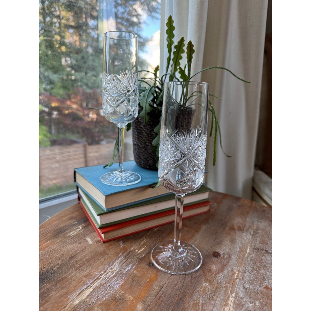 Vintage Crystal Champagne Flutes Set of 2 Starburst Cut Glass Toasting Glasses
